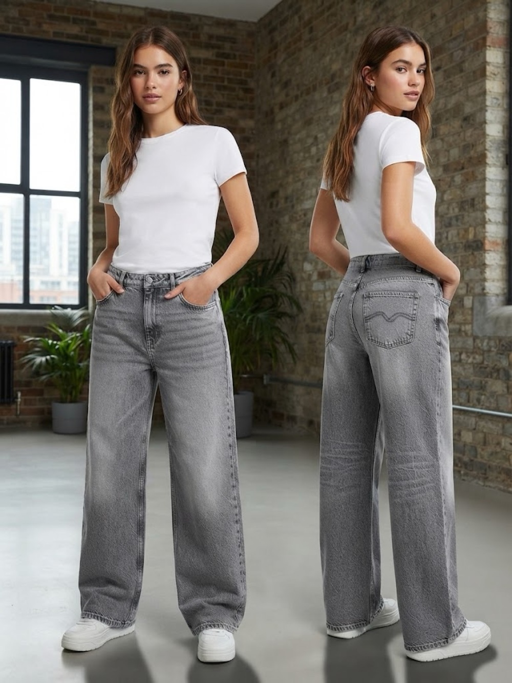 Bershka Wide Leg High-Waist Jeans in Gray Wash